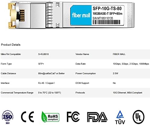 10G SFP+ RJ45 80m for Dell Force10 SFP-10G-T-80 GP-10GSFP-T80 10GBASE-T SFP+ 80m RJ45 Cat6a/7 Mini-GBIC 10gb Copper R-J45 Transceiver Module|B0B18FVQ1T