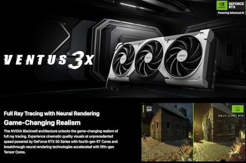 MSI Ventus 3X FeForce RTX 5090 OC Edition 32 GB GDDR7, PCI Express Gen 5, Core Clocks Extreme: 2452 MHz, CUDA CORES 21760 Units, Memory Speed 28 Gbps, Bundle with HDMI Cable|B0F3JSBT9M