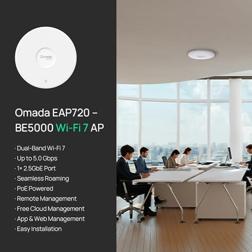 TP-Link Omada WiFi 7 Wireless Access Point | BE5000 Dual Band | 2.5G Port | PoE or DC Powered, DC Adapter Included | Seamless Roaming | Easy Setup | 5-Year Warranty | Omada Remote Managed(EAP720