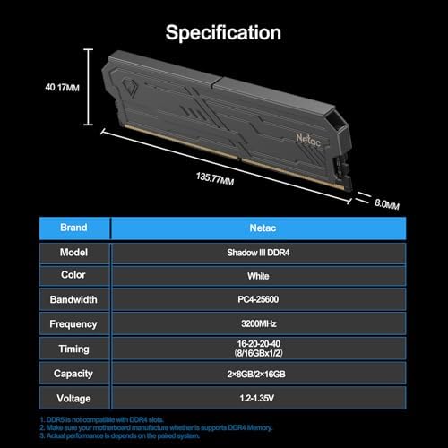 DDR4 DRAM 32GB Kit (2x16GB 3200MHz XMP 2.0 Dual Channel RAM CL16 (PC4-25600 1.35V 288-Pin Upgraded Aluminum Heat Sink Ideal for Gaming Computer Upgrade - Shadow III Series Black