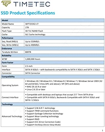 Timetec 1TB SSD 3D NAND SATA III 6Gb/s 2.5 Inch 7mm (0.28" Read Speed Up to 550 MB/s SLC Cache Performance Boost Internal Solid State Drive for PC Computer Desktop and Laptop (1TB