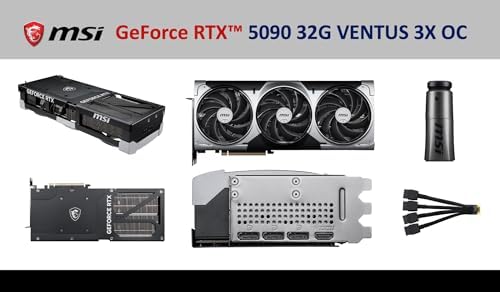 MSI Ventus 3X FeForce RTX 5090 OC Edition 32 GB GDDR7, PCI Express Gen 5, Core Clocks Extreme: 2452 MHz, CUDA CORES 21760 Units, Memory Speed 28 Gbps, Bundle with HDMI Cable|B0F3JSBT9M