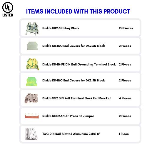 DIN Rail Terminal Blocks Gray Kit by International Connector 20 Dinkle DK2.5N 12 AWG Gauge 20A 600V Ground DK4N-PE Jumper DSS2.5N-10P End Covers End Brackets Grey|B07RWF97XT