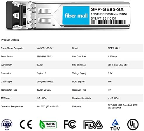 1G SFP SX for Cisco LC-SX-MMD GLC-SX-MM SFP-GE-S Ubiquiti unifi UF-MM-1G Netgear AGM731F D-Link DEM-311GT ZTE SFP-GE-M500 Extreme MGBIC-LC01 1000BASE-SX SFP 850nm 550m DOM Transceiver Module…|B0899NTT14