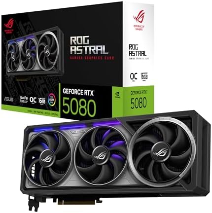 ASUS ROG Astral GeForce RTX™ 5080 OC Edition Gaming Graphics Card (PCIe® 5.0, 16GB GDDR7, HDMI®/DP 2.1, 3.8-Slot, 4-Fan Design, Axial-tech Fans, Patented Vapor Chamber, Phase-Change GPU Thermal pad)|B0DQSD7YQC