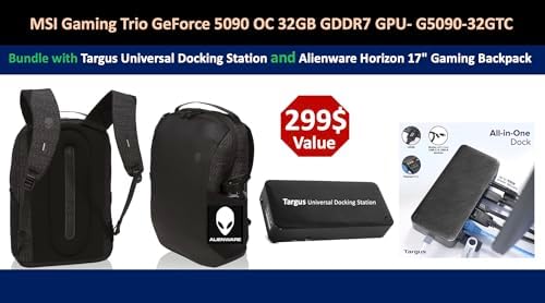 msi Gaming Trio GeForce 5090 OC 32GB GDDR7 GPU, 32GB GDDR7, PCI Express® Gen 5, Boost: 2482 MHz (Gaming & Silent Mode), Memory Bus, 512-bit. Bundle with Targus Dock Station and Backpack Alienware.|B0F4RKVGGY