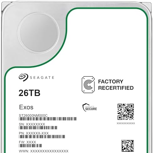 Seagate (Recertified Exos 26TB Internal Hard Drive HDD - 3.5 in CMR SATA 6Gb/s, 7200 RPM, 512MB Cache, 2.5M MTBF (ST26000NM000C) , Renewed|B0DTSG1MT1