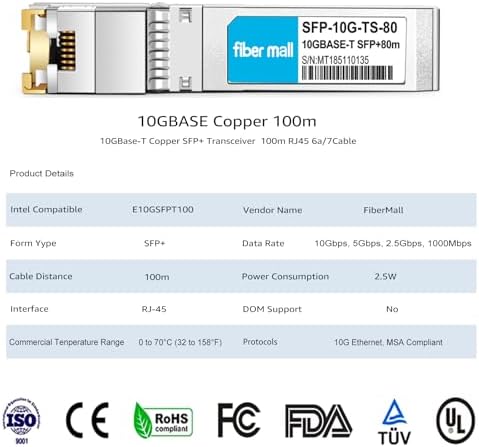 10G SFP+ RJ45 80m for Dell Force10 SFP-10G-T-80 GP-10GSFP-T80 10GBASE-T SFP+ 80m RJ45 Cat6a/7 Mini-GBIC 10gb Copper R-J45 Transceiver Module|B0B18FVQ1T