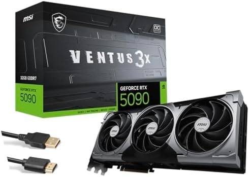 MSI Ventus 3X FeForce RTX 5090 OC Edition 32 GB GDDR7, PCI Express Gen 5, Core Clocks Extreme: 2452 MHz, CUDA CORES 21760 Units, Memory Speed 28 Gbps, Bundle with HDMI Cable|B0F3JSBT9M