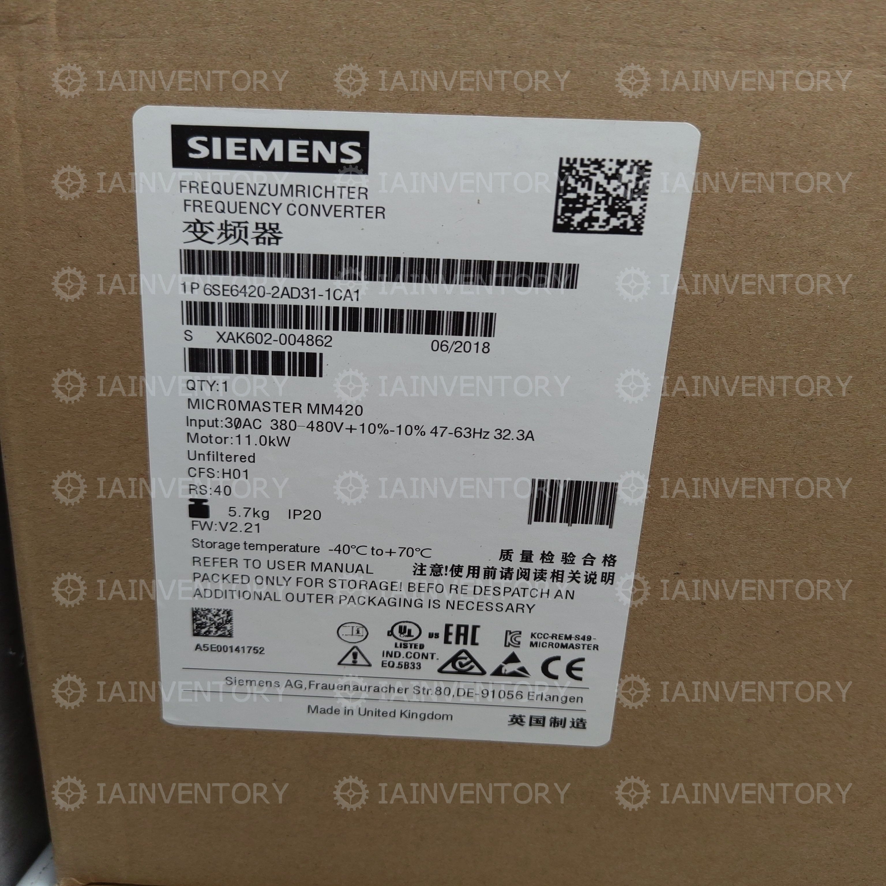 Siemens Micromaster 6SE6420-2AD31-1CA1 6SE6 420-2AD31-1CA1