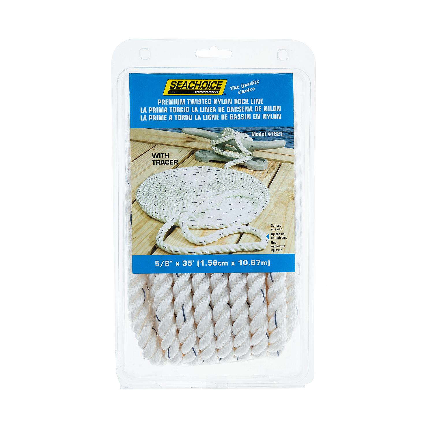 Seachoice 47621 Premium 3-Strand Twisted Nylon Dock Line, White w/ Blue Tracer, 5/8" x 35'