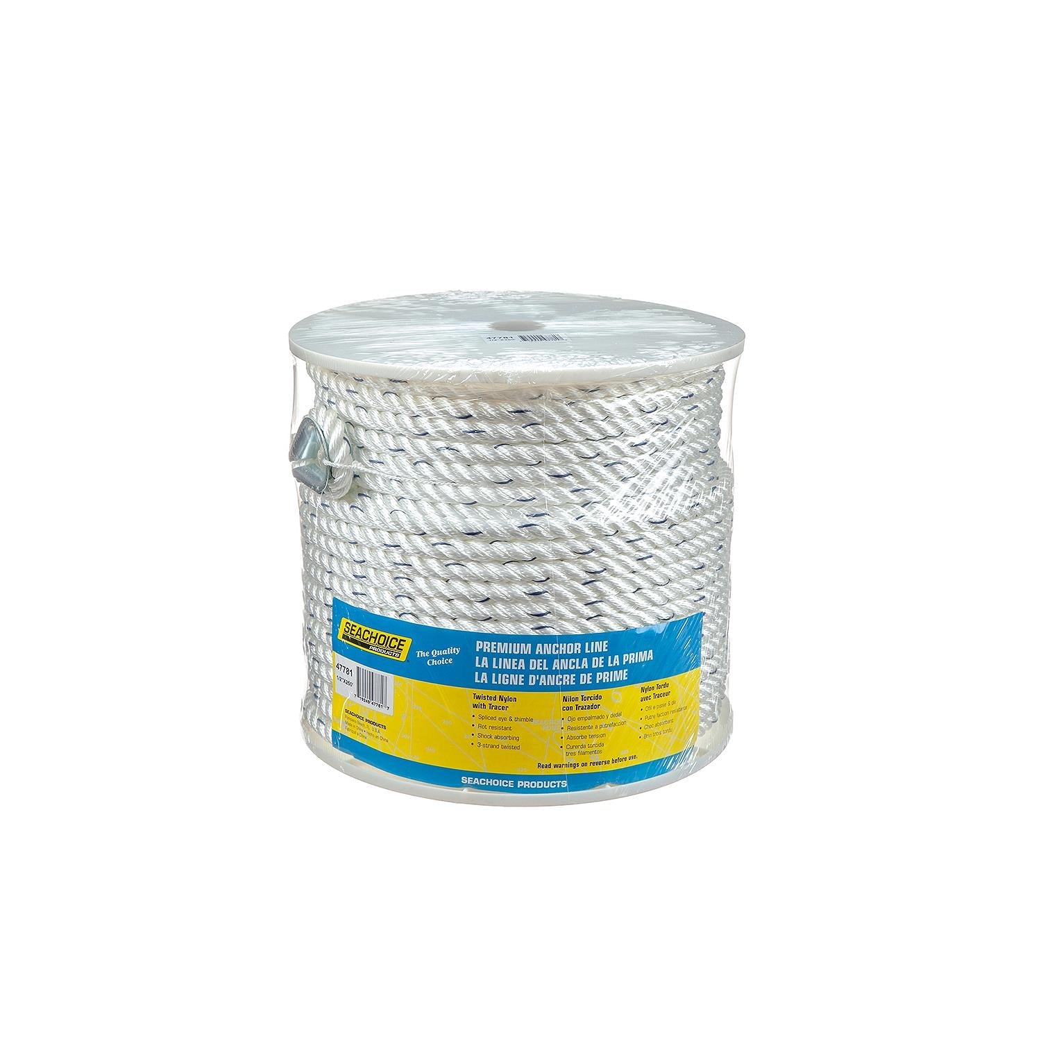 Seachoice 47781 Premium 3-Strand Twisted Nylon Anchor Line White w/ Blue Tracer, 1/2" x 250'