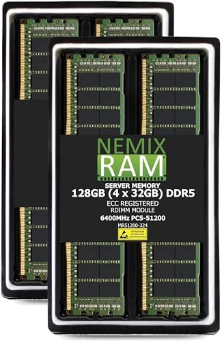 NEMIX RAM 128GB (4X32GB DDR5 6400MHZ PC5-51200 CL52 2Rx4 1.1V 288-PIN ECC RDIMM Registered Server Memory KIT Compatible with Dell PowerEdge R7715 Rack Server