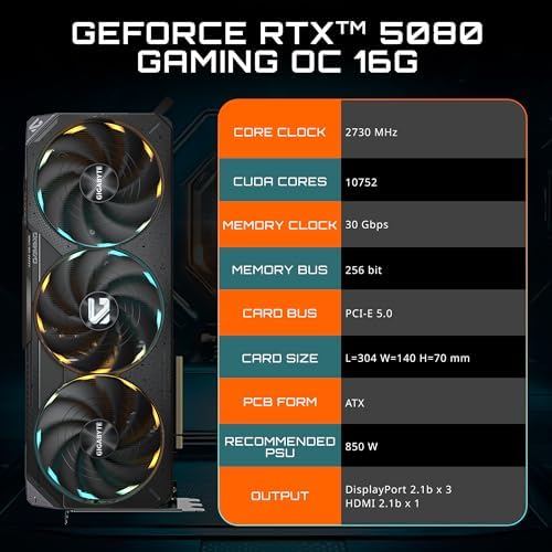 GIGABYTE GeForce RTX 5080 Gaming OC 16G Graphics Card, WINDFORCE Cooling System, 16GB 256-bit GDDR7, GV-N5080GAMING OC-16GD Video Card|B0DS2R6948