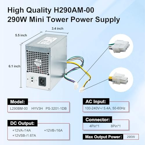 LXun H290AM-00 290W Power Supply Compatible with Dell Optiplex 3020 7020 9020/ Precision T1700/ PowerEdge T20 (MT Mini Tower) Power Supply RVTHD KPRG9 HYV3H D290A001L L290AM-00 PS-3291-1DF H290EM-00|B07GSV8LK8