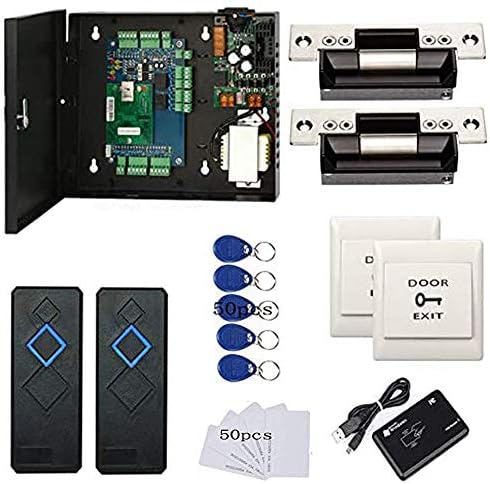 MENGQI-CONTROL 2 Door Access Control Board System 110-240V Power Supply Box North American ANSI Electric Strike Lock RFID Reader Enroll USB Reader RFID Card & Key Fobs,Phone APP Remotely Open Door