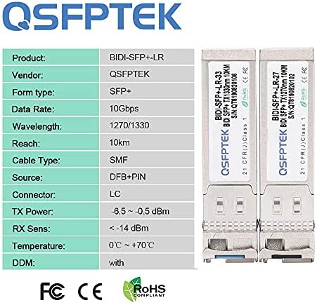 1 Pair 10G SFP+ Bidi Transceivers, 10gbe SFP LC Single-Mode Module, Bi-Directional Mini gbic for Cisco SFP-10G-BXD-I (1330nm-TX/1270nm-RX) / SFP-10G-BXU-I (1270nm-TX/1330nm-RX),10KM, with DDM|B07QLKDZJH