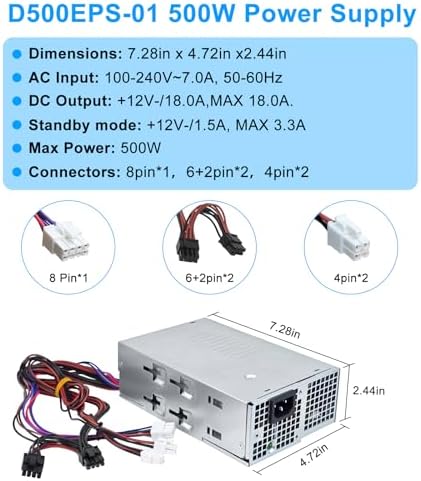 Upgraded D500EPS-01 500W Power Supply L500EPS-01 VFFKJ Compatible with Dell XPS 8950 Vostro 3901 3910 Inspiron 3910 D12 Latitude D500 Optiplex 7000MT HU500EPS-00 HU500EPS-01 DPS-500AB-58A Power Supply|B0DNSSH4GS