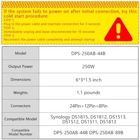 DPS-250AB-44B 250W Power Supply Compatible with Synology DS1815, DS1812, DS1513, DS1512, DS1511, DS1813, DS1515, DS1010, RS814, RS815, DS2015xs, TS531|B0D81RDP34