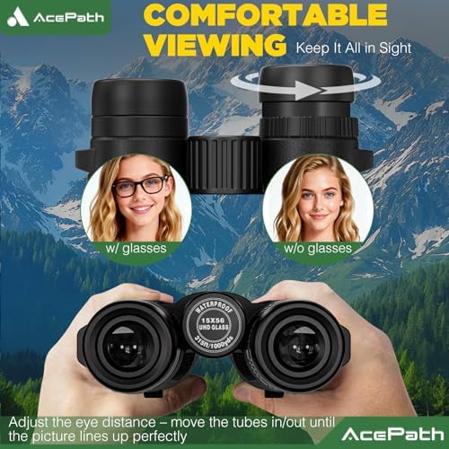 AcePath 15x56 Binoculars for Adults High Powered - Large View Waterproof Binoculars with Clear Low Light Vision - Compact Binocular Essentials for Hunting Camping Cruise Travel Bird Watching Sports