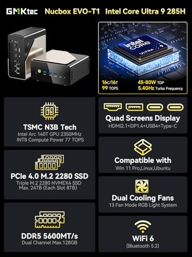AI Mini PC Ultra 9 285H (Turbo 5.4GHz 96GB DDR5 2TB PCIe 4.0 SSD Mini Gaming Computer 3X M.2 Expansion Slots, Oculink, Quad Screen 8K Display EVO-T1