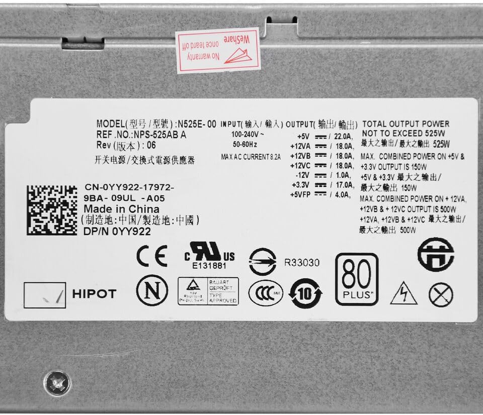 YY922 Power Supply N525E-00 H525E-00 Fit for DELL Precision 380 390 T3400 T410 525W