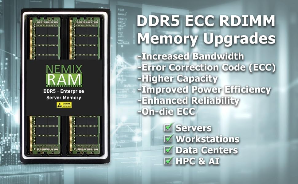 NEMIX RAM 128GB (8X16GB DDR5 4800MHZ PC5-38400 1Rx8 1.1V CL40 288-PIN ECC RDIMM Registered Server Memory KIT Compatible with Dell PowerEdge R760 Rack Server