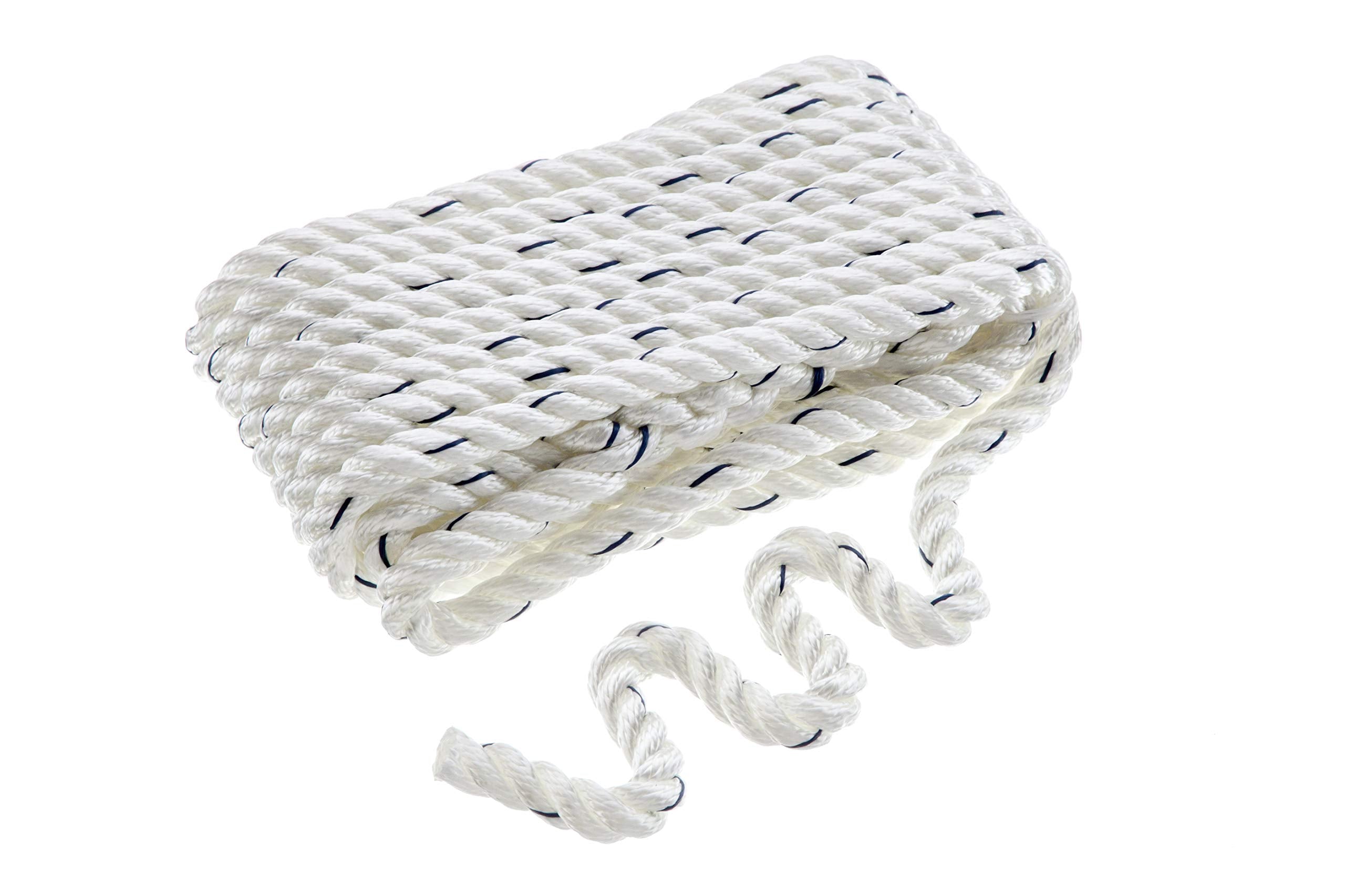 Seachoice 47571 Premium 3-Strand Twisted Nylon Dock Line, White w/ Blue Tracer, 1/2" x 25'