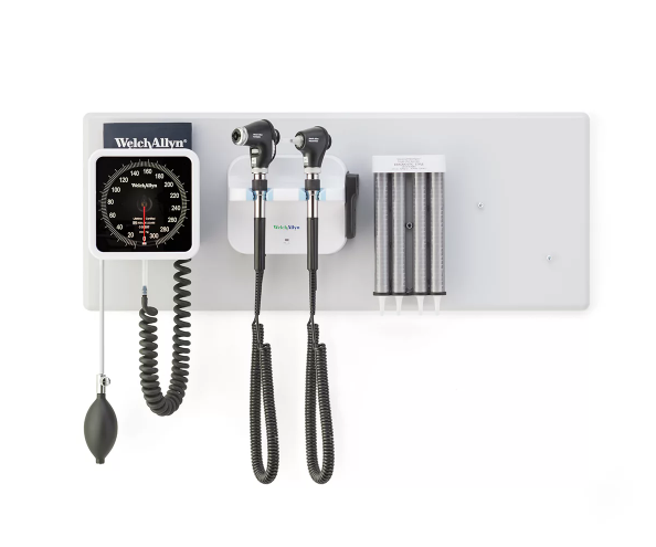 Welch Allyn Green Series 777 Integrated Wall System with PanOptic Plus LED Ophthalmoscope, MacroView Plus LED Otoscope for iExaminer, BP Aneroid, and Ear Specula Dispenser