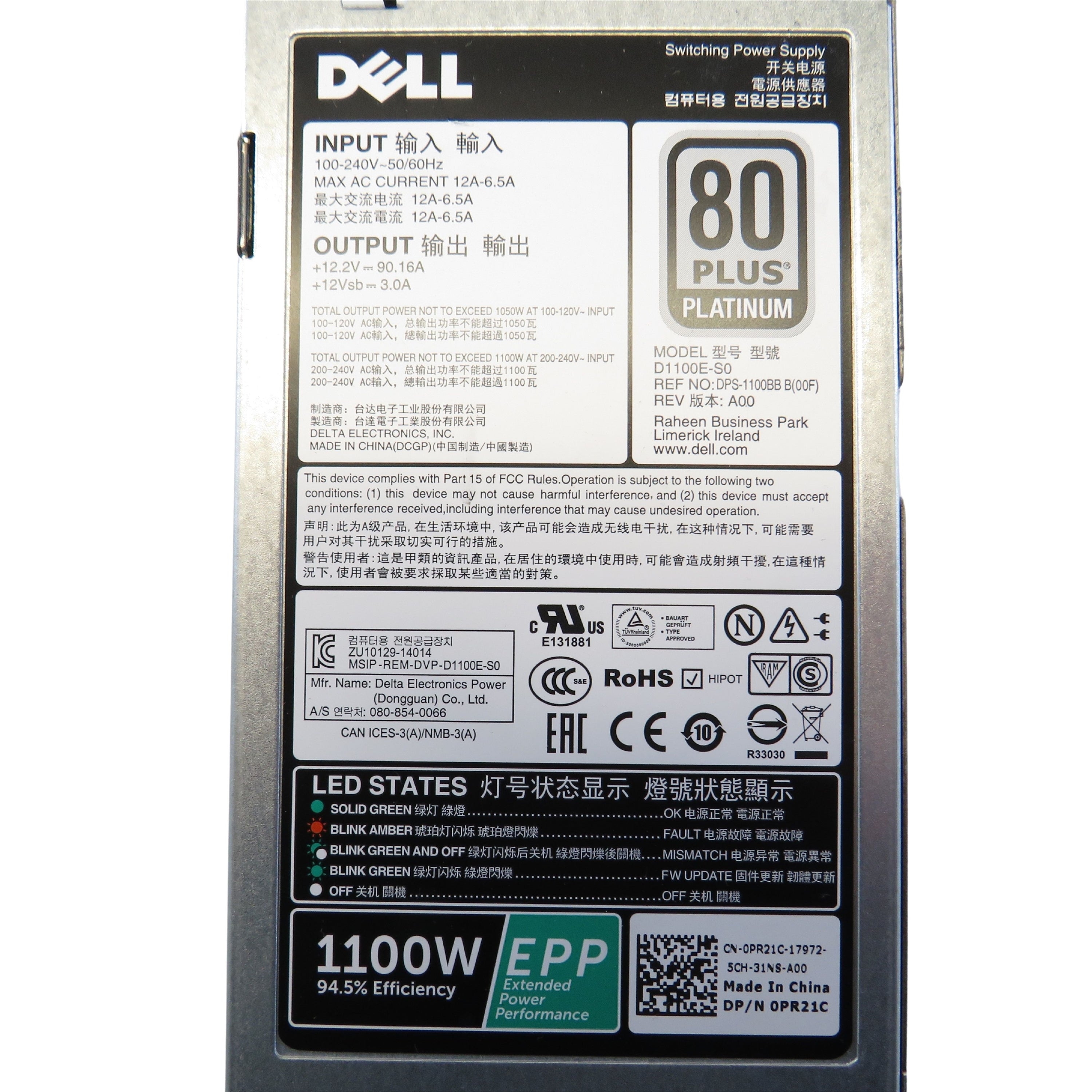 Dell PR21C 1100W PowerEdge R630 R730 Server Power Supply (Refurbished)
