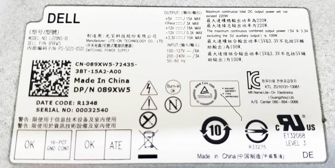 L220AS-00 - 220W Power Supply for Vostro 270s Inspiron 660s 3647 Small Desktop