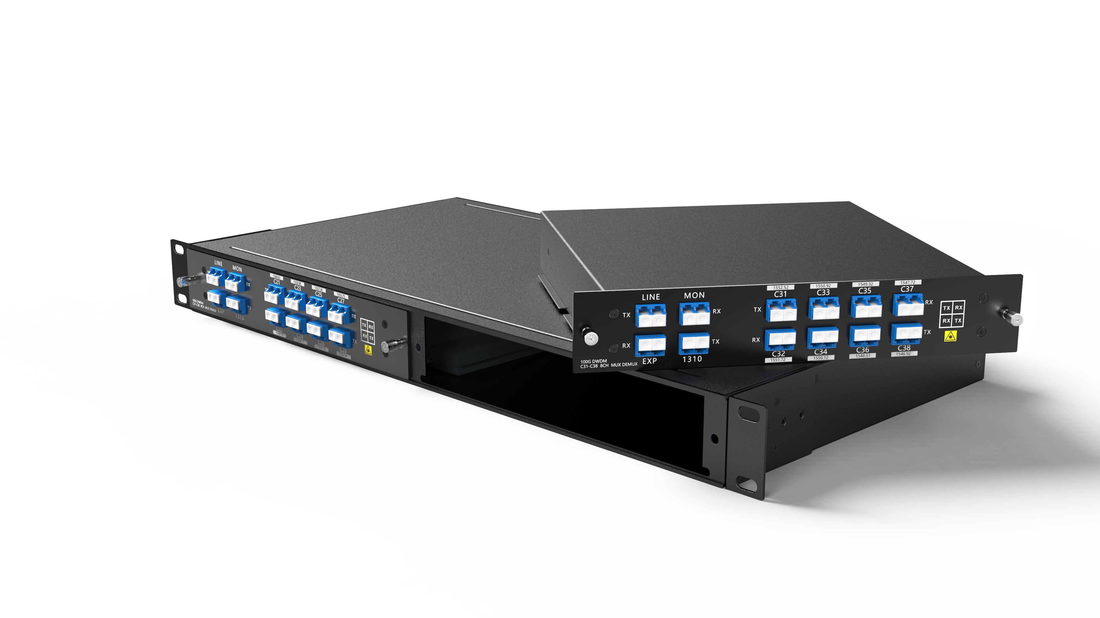 8 Channels DWDM Mux Demux, 100GHz C53-C60, with Monitor, Expansion and 1310nm Port, 2.4dB Typical IL, LC/UPC, Dual Fiber, FMU Plug-in Module, CWDM/DWDM Hybrid Solution
