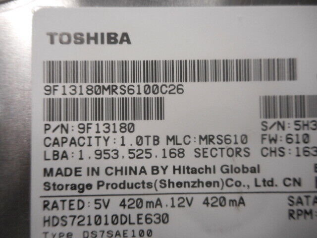 Toshiba 1TB 7200 RPM SATA HDS721010DLE630 HDKPC03A0A01J 3.5" Hard Drive - 9F13180