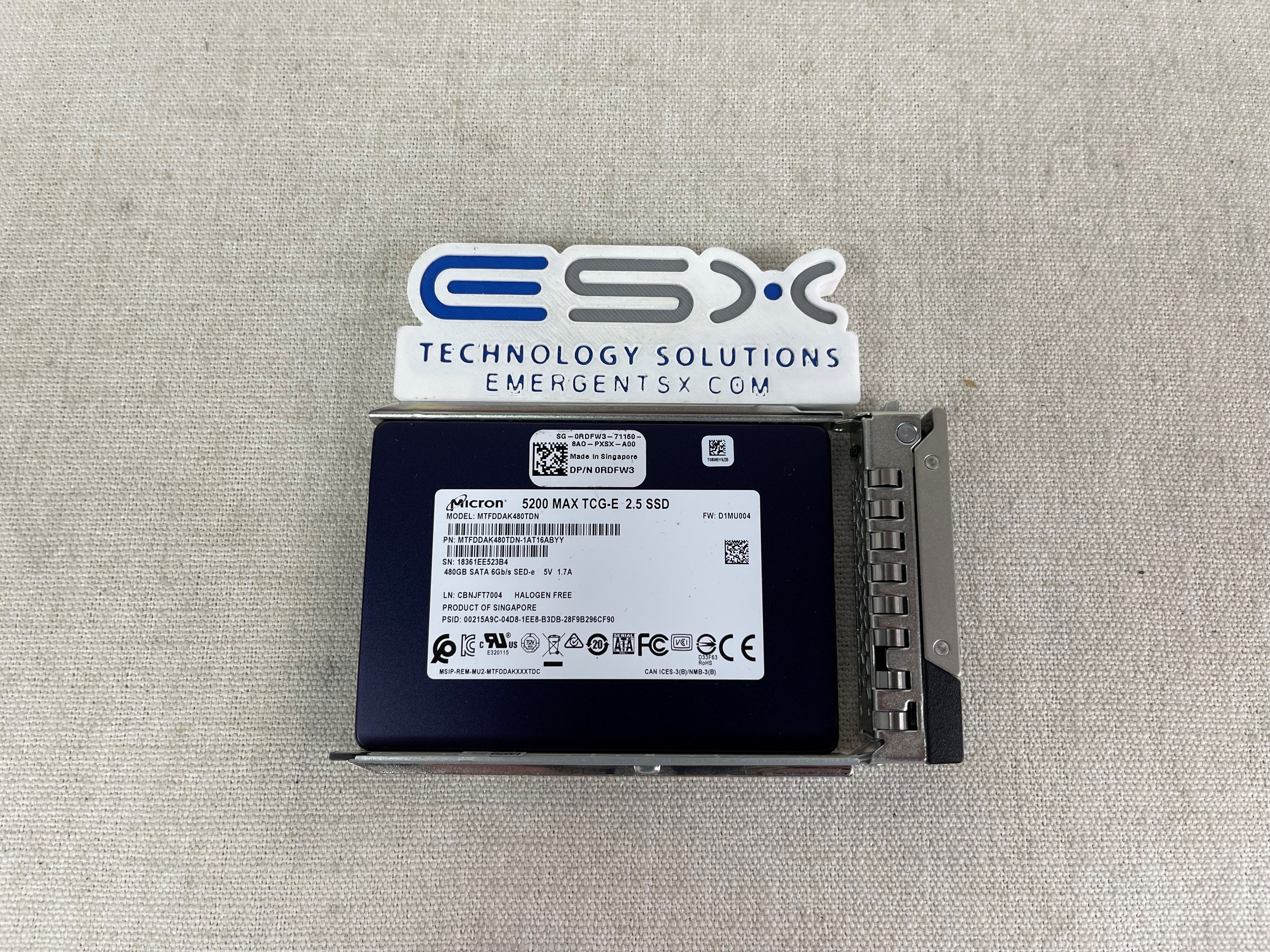 Dell RDFW3 480GB 6Gb/s 2.5” SATA SSD Micron 5200 MAX TCG-E MTFDDAK480TDN