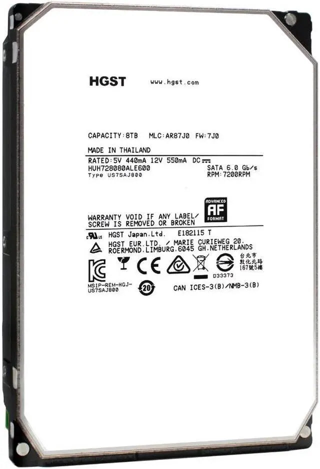 Main image of HGST Ultrastar He8 HUH728080ALE600 8TB 7200 RPM 128MB Cache SATA 6.0Gb/s 3.5-Inch 512e ISE Helium Enterprise Data Center Hard Disk Drive