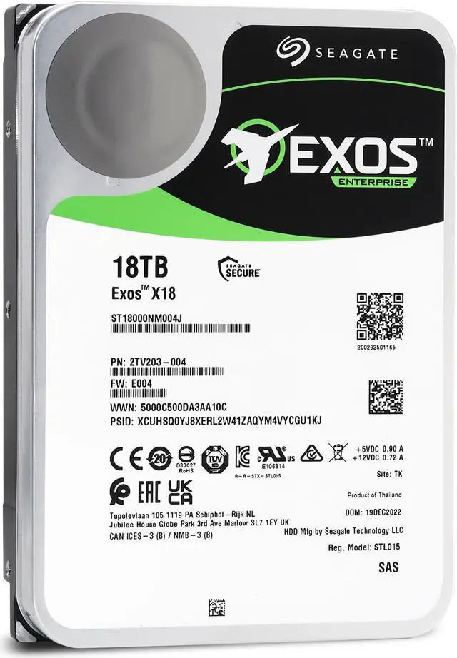 Seagate 18TB Exos X18 7200 RPM SAS 12Gb/s 512e/4Kn 256MB Cache 3.5-Inch Enterprise Hard Drive HDD (ST18000NM004J)