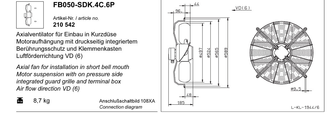 FB050-SDK.4C.6P 210542 ZIEHL-ABEGG Axial Fan 3~400V 0,24/0,14kW 0,55/0,29A 880/620rpm