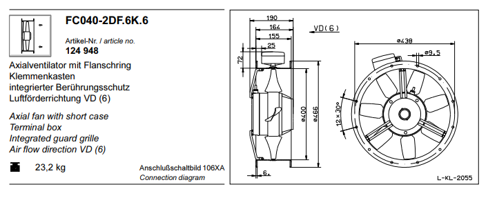 FC040-2DF.6K.6 ZIEHL-ABEGG Axial Fan 3~400V 1.4 kW 2.7A 2850 rpm