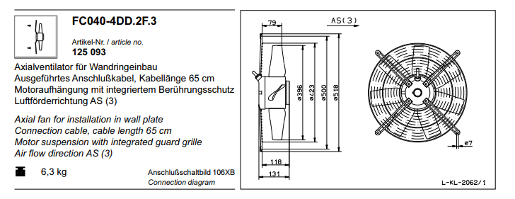 FC040-4DD.2F.3 ZIEHL-ABEGG Axial Fan 3~400V 0.28 kW 0.6A 1380 rpm
