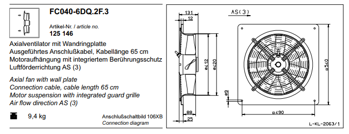 FC040-6DQ.2F.3 ZIEHL-ABEGG Axial Fan 300~400V 0.11 kW 0.28A 920 rpm