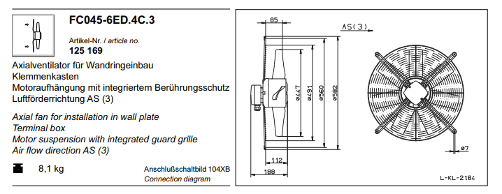 FC045-6ED.4C.3 ZIEHL-ABEGG Axial Fan 230V 0.17 kW 0.75A 930 rpm