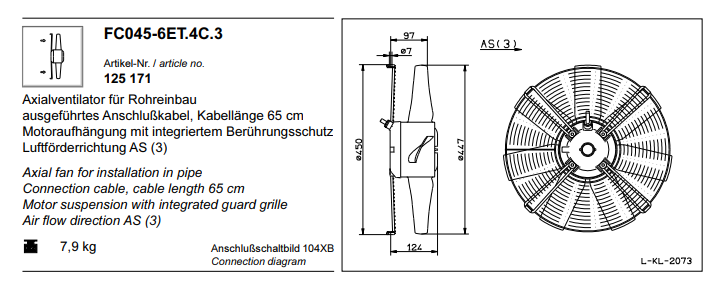 FC045-6ET-4C.3 ZIEHL-ABEGG Axial Fan 230V 0.17 kW 0.75A 930 rpm