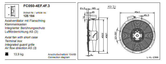 FC050-4EF.4F.3 ZIEHL-ABEGG Axial Fan 230V 0.38KW 1.9 A 1365 rpm