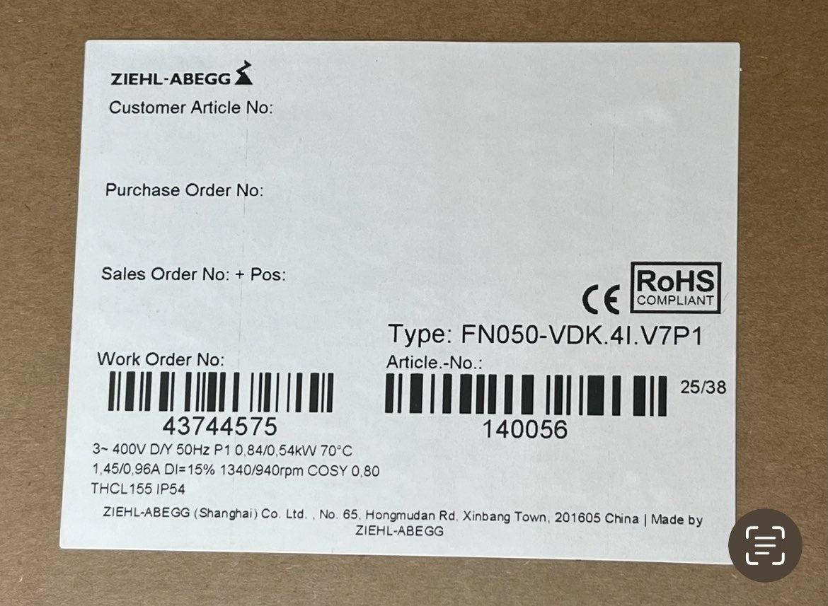 FN050-VDK.4I.V7P1 ZIEHL-ABEGG Axial Fan 3~400-460V 0.84/0.54kW 1.45-0.96A 1340/940rpm