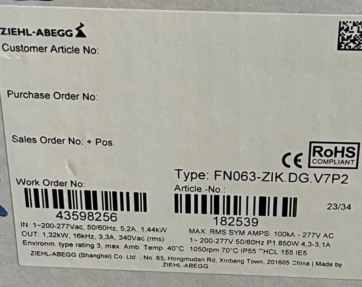 FN063-ZIK.DG.V7P2 ZIEHL-ABEGG Axial Fan | 1.25kW EC Motor | Durable, Quiet & High Airflow