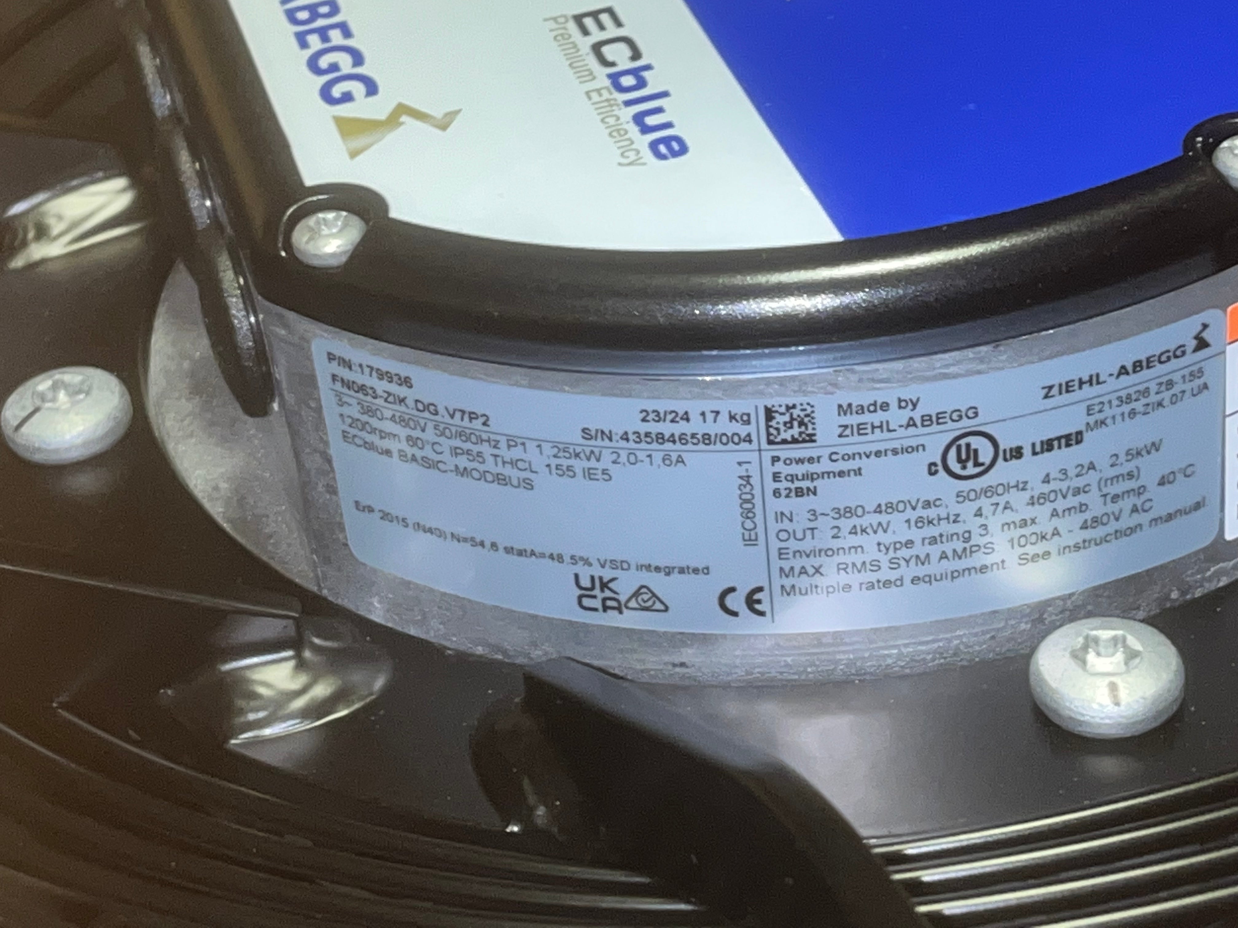 FN063-ZIK.DG.V7P2 ZIEHL-ABEGG Axial Fan | 1.25kW EC Motor | Durable, Quiet & High Airflow
