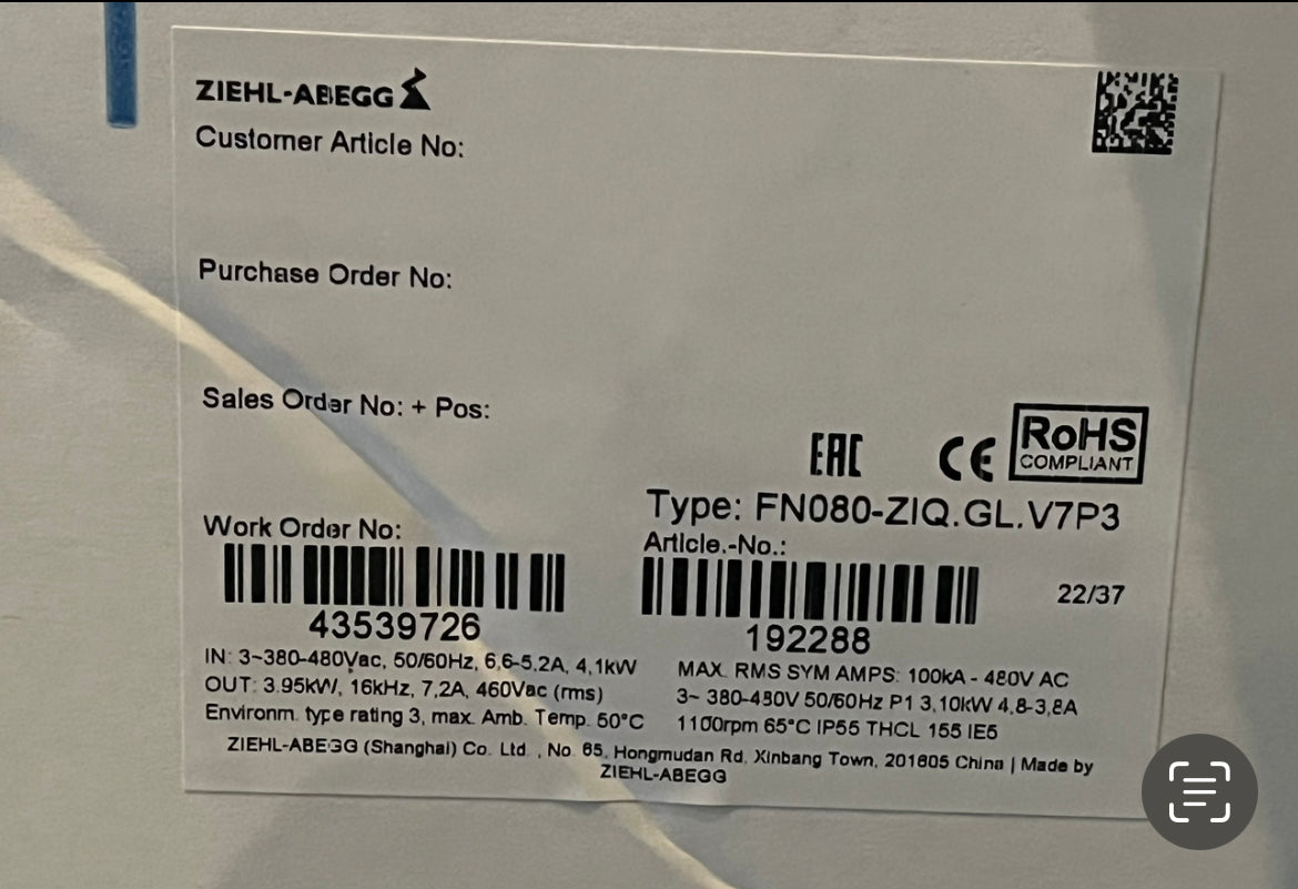 ZIEHL‑ABEGG FN080‑ZIQ.GL.V7P3 Axial Fan | 400V Industrial High‑Efficiency Fan
