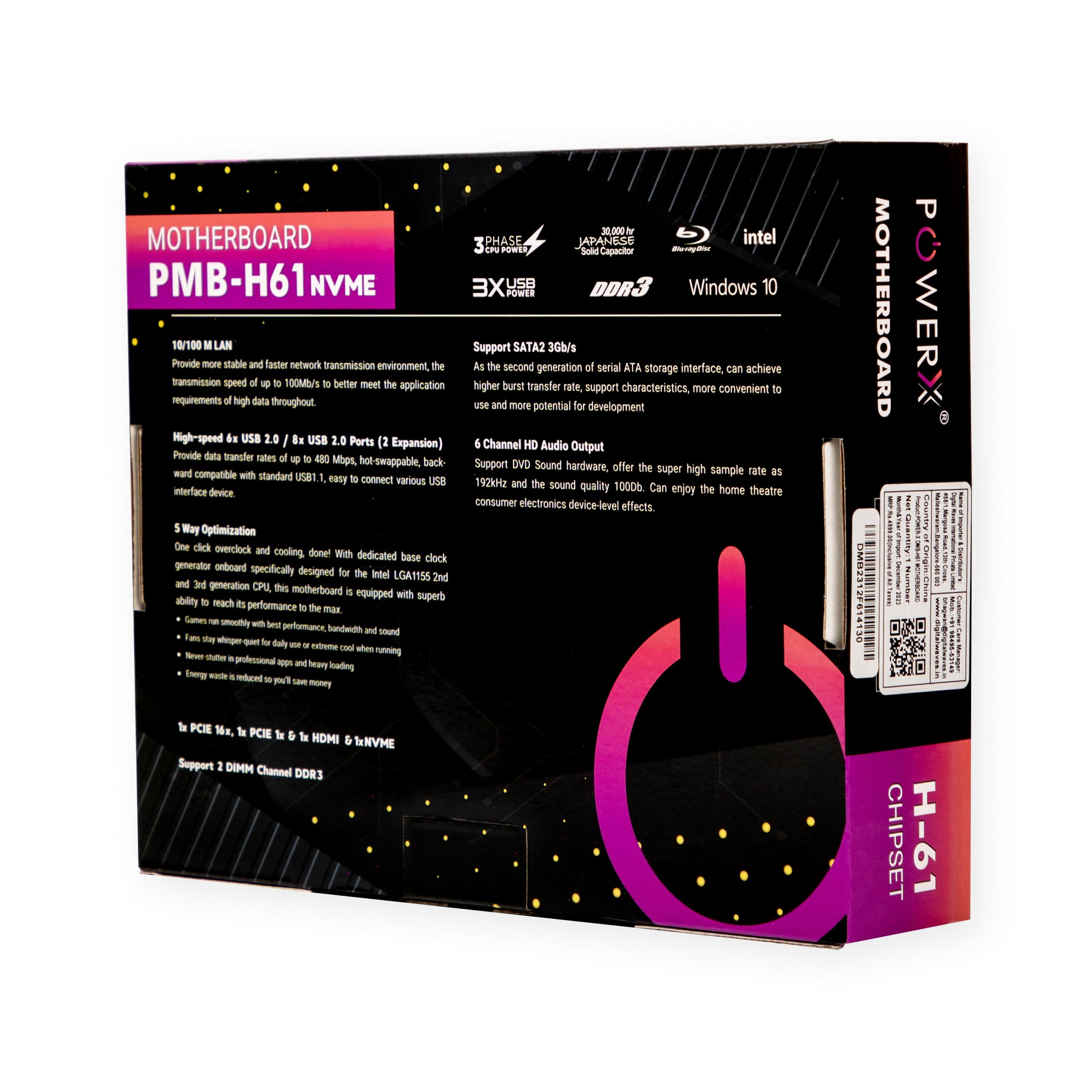 POWERX PMB-H61-DDR3 Motherboard | Intel LGA1155 Socket | DDR3 RAM | H61 Chipset | 16GB Max Memory | NVMe, HDMI, USB | Micro-ATX