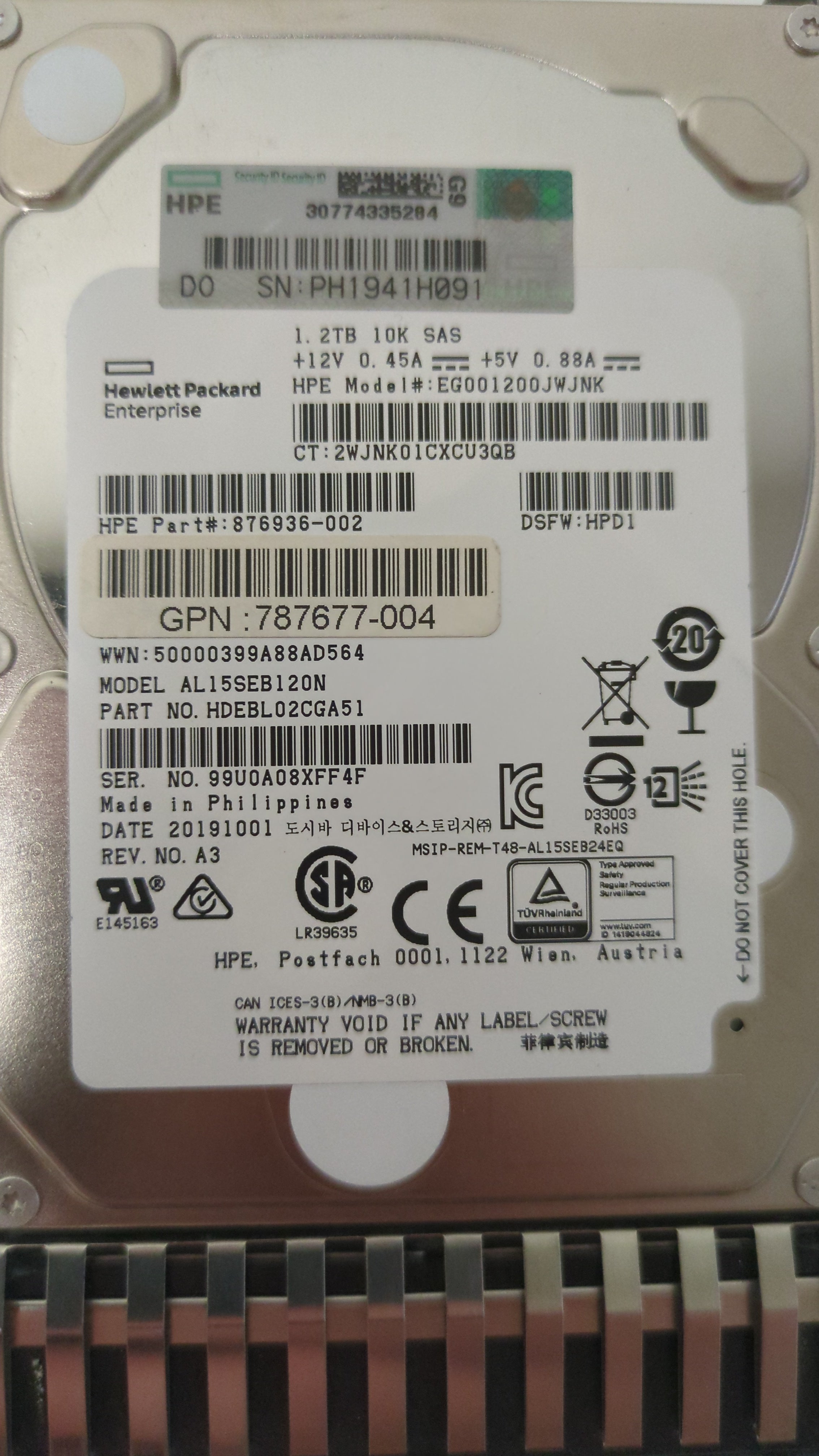 HPE 1.2TB 10K 12G SAS SFF SC HDD HDEBL02CGA51 876936-002 787648-001