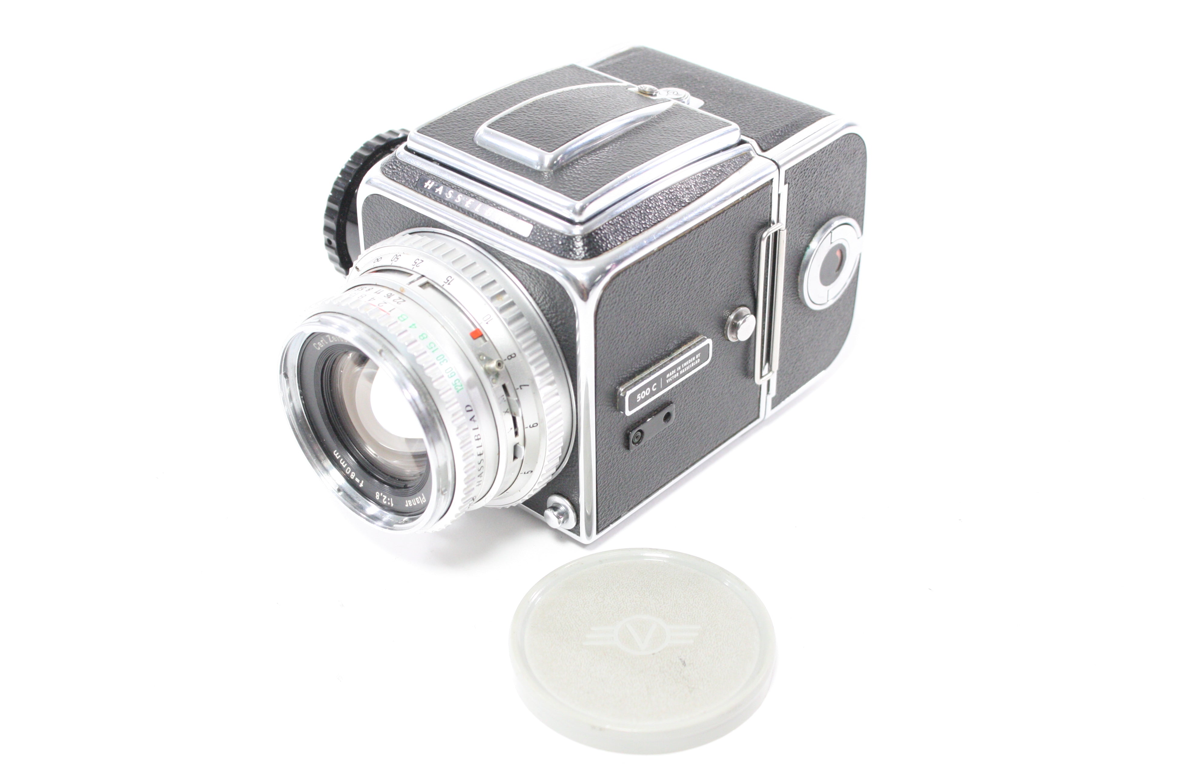 Hasselblad 500C Camera with Planar 80mm f/2.8 Lens, 120 A12 Film Back, Waist Level Viewfinder and BrightScreen Proscreen 20/20 Focus Screen